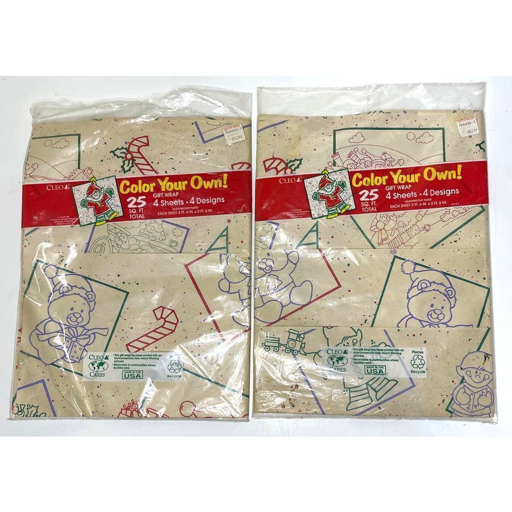 Lot of 2 Vintage Cleo‎ Color Your Own Wrapping Paper Christmas Holiday